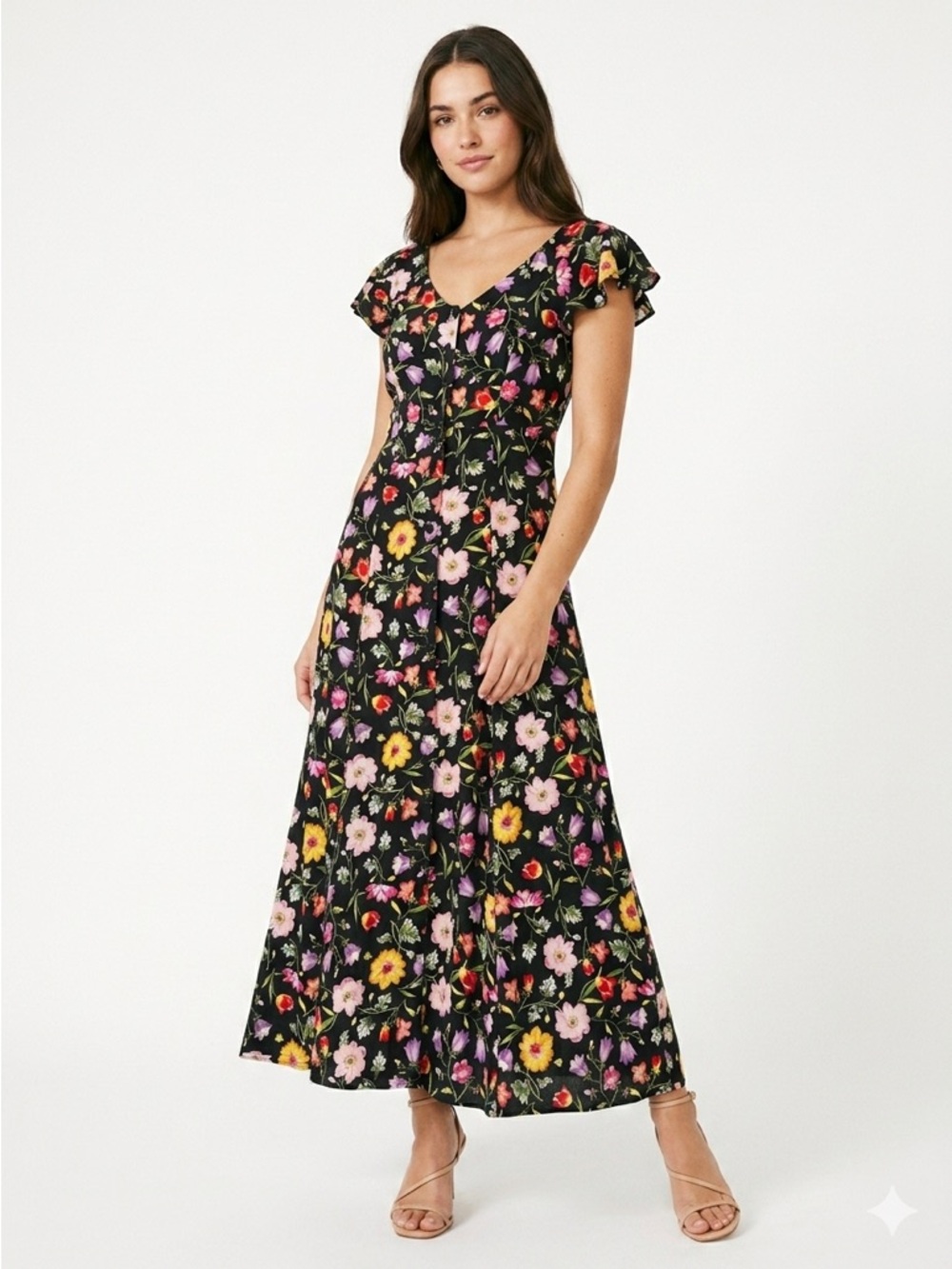 UM & Company Vintage 90s Phoebe Buffay Floral Button Down Midi Dress Black S